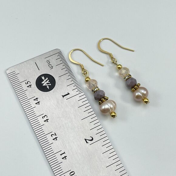 18K Gold Plated Freshwater Pearl Glass Beaded Dangle Earrings Bridal Cute Unique - Picture 6 of 6